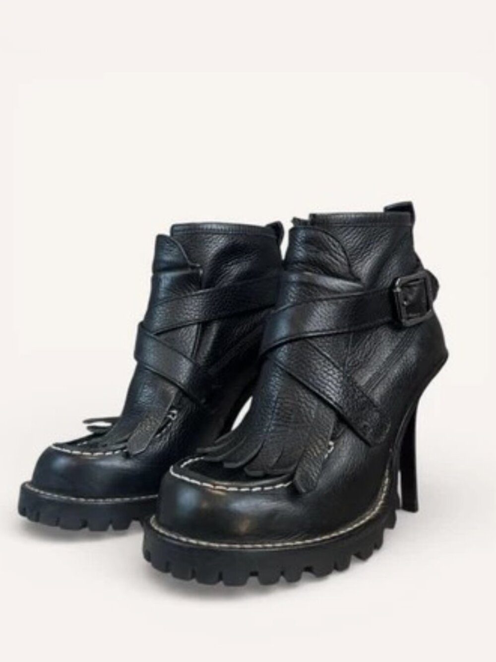 TORY BURCH Lyle Black Leather Fringe Lug Sole Stiletto Ankle Booties Sz 10B NWOT